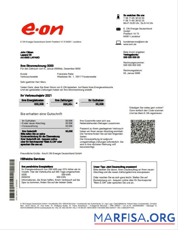 Blank Germany E.ON Energie electricity utility bill real example